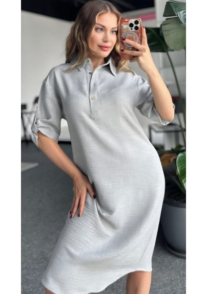 Doğal Dokulu Düğmeli Keten Elbise 36 - Gri fiyatları