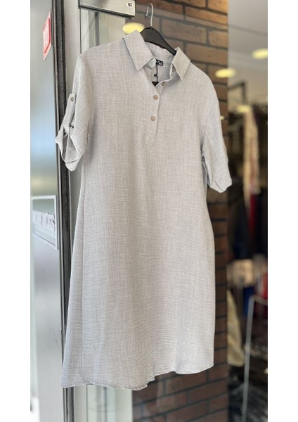 Doğal Dokulu Düğmeli Keten Elbise 36 - Gri fırsatları