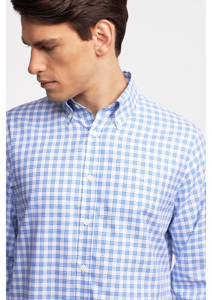 Erkek Koyu Mavi Cooper Fit Düğmeli Yaka Ekoseli Spor Gömlek modelleri