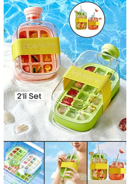 2'li Yeni Nesil Pipetli Buz Kalıbı Matara Kemerli Buz Kalıbı Su Şişesi Kapaklı Buz Küpü 800ML+500ML