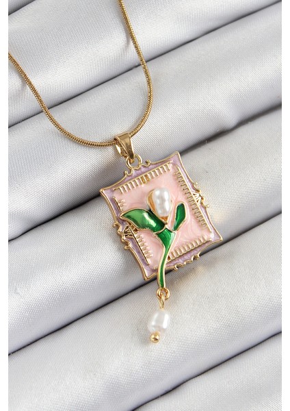 316L Çelik Zincir Pembe Sanatsal Portre Sallantılı Inci Detaylı Lale Model Gold Renk Kadın Kolye - TJ-BKO10279