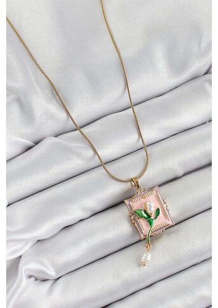 316L Çelik Zincir Pembe Sanatsal Portre Sallantılı Inci Detaylı Lale Model Gold Renk Kadın Kolye - TJ-BKO10279 fiyatları