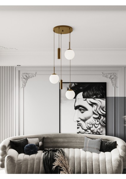 Vienna Modern Eskitme Metal Gövdeli 5'li Sarkıt Avize - 3 Beyaz Cam Küre 2 LED Spot, E27 DUY-G10 Duy