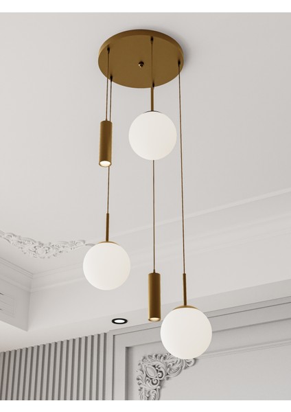 Vienna Modern Eskitme Metal Gövdeli 5'li Sarkıt Avize - 3 Beyaz Cam Küre 2 LED Spot, E27 DUY-G10 Duy indirimleri