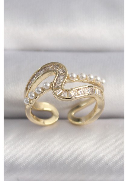 Pirinç Gold Renk Zirkon Taşlı Inci Detay Vıp Seri Kadın Yüzük - TJ-BYK3512