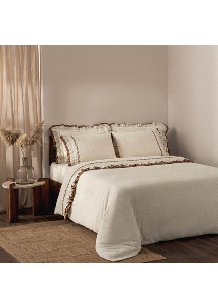 Maide Çift Kişilik Nevresim Takımı %100 Organik Pamuk Kenevir Karışımlı Nakışlı Bej 200X220 cm