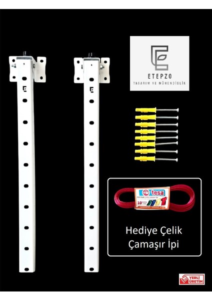 Çamaşır Askısı Katlanır Duvar Tipi Metal (Beyaz)+Hediye Çelik Çamaşır İpi