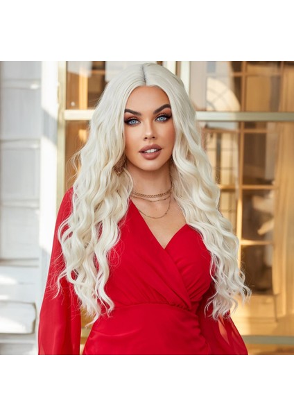 Su Dalgalı Uzun Beyaz Platin Tül Peruk