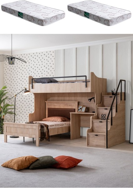 Ranza, Polo Çift Kişilik Çalışma Masalı Ceviz Ranza + 2 Adet Comfort Yatak