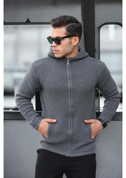 Fermuarlı Merdiven Örgü Kapüşonlu Triko Hırka/Ceket
