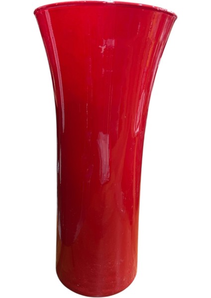 El Boyama Romantik Kırmızı Cam Dekoratif Çiçeklik – Transparan, Ince Tabanlı Vazo (28X13 Cm)