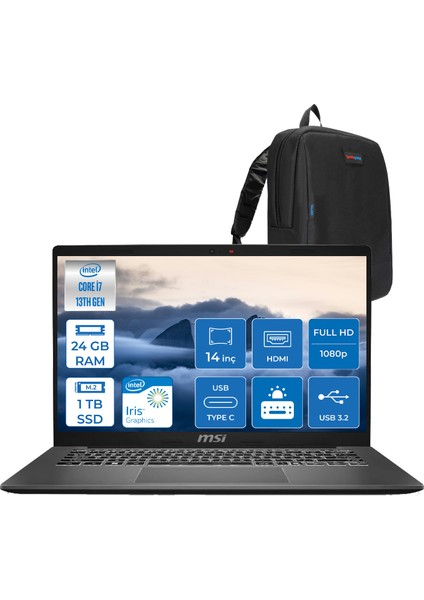 Msı Modern 14 Intel Core I7 1355U 24GB 1tb SSD Iris Xe Graphics Freedos 14" IPS Fullhd (1920*1080) Taşınabilir Bilgisayar F13MG257XTRF13 + Zetta Çanta