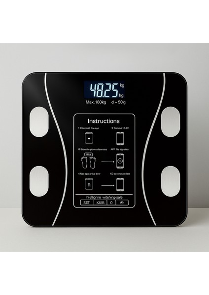 Dijital Bluetooth Baskül - Yağ Su Kas Vücut Kitle Endeksi Kilo Ölçer Tartı Vücut Analiz Cihazı Siyah