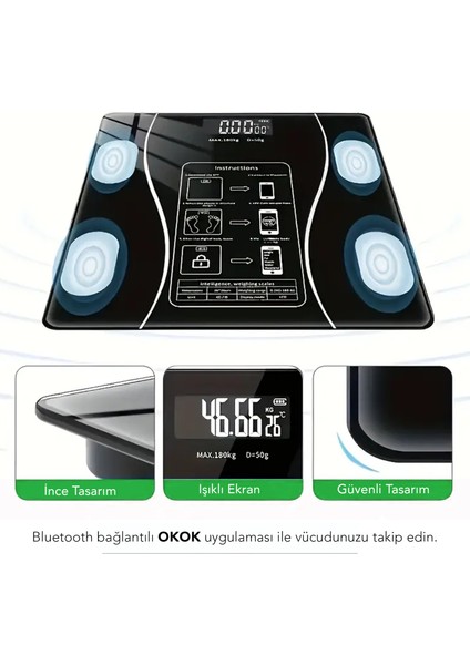 Dijital Bluetooth Baskül - Yağ Su Kas Vücut Kitle Endeksi Kilo Ölçer Tartı Vücut Analiz Cihazı Siyah modelleri