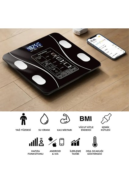 Dijital Bluetooth Baskül - Yağ Su Kas Vücut Kitle Endeksi Kilo Ölçer Tartı Vücut Analiz Cihazı Siyah fırsatları