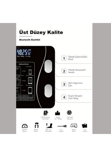 Dijital Bluetooth Baskül - Yağ Su Kas Vücut Kitle Endeksi Kilo Ölçer Tartı Vücut Analiz Cihazı Siyah indirimleri