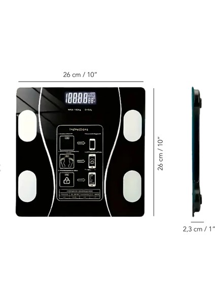 Dijital Bluetooth Baskül - Yağ Su Kas Vücut Kitle Endeksi Kilo Ölçer Tartı Vücut Analiz Cihazı Siyah