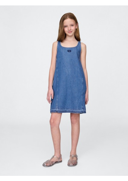 Kız Çocuk Denim Mavi Kids Ultrasoft Denim Logo Elbise