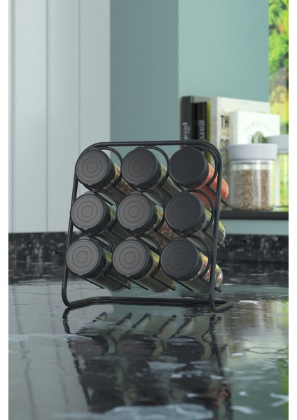 9'lu Metal Baharatlık Standı, 9 Cam Tuzluk, Mat Siyah, Şık ve Kullanışlı