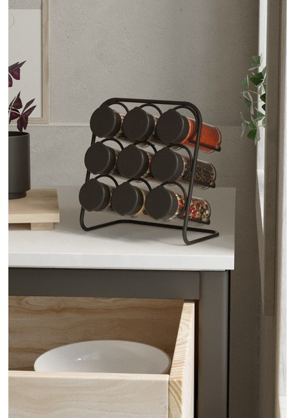 9'lu Metal Baharatlık Standı, 9 Cam Tuzluk, Mat Siyah, Şık ve Kullanışlı fiyatları