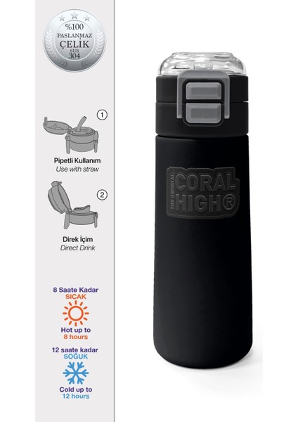 Kids Siyah Pipetli ve Direkt Içim Çelik Termos 500 ml 31827