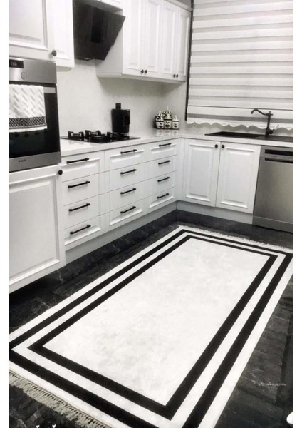 Mutfak Halısı – Kaymaz Dot Tabanlı, Yumuşak Dokulu, Yıkanabilir, Modern Tasarım (Beyaz Siyah)