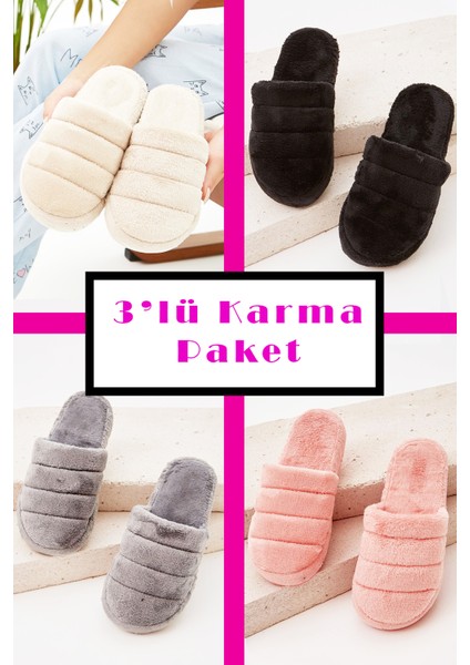 3'lü Paket Ev Terliği Çeyiz Terliği Kışlık Terlik Ses Yapmaz Hafif Taban Taban