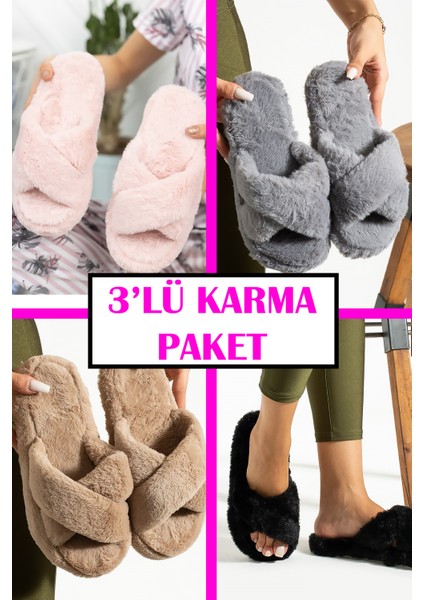 3'lü Paket Ev Terliği Çeyiz Terliği Kışlık Terlik Ses Yapmaz Hafif Taban Taban
