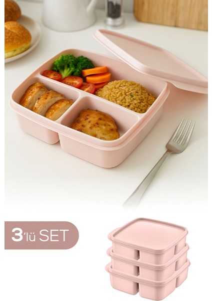 3'lü Pembe Kare Bölmeli Saklama Kabı Seti, Şık ve Kullanışlı Mutfak Düzeni Için Ideal