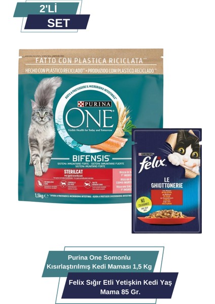 Somonlu Kısırlaştırılmış Kedi Maması 1,5 Kg+Felix Kuzu Etli Kedi Yaş Maması 85 Gr.