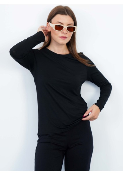 Kadın Zarif İnce Gösteren Viskon Tişört-Siyah modelleri