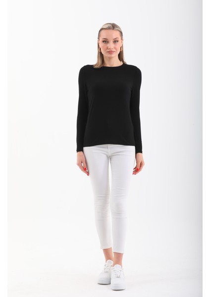 Kadın Zarif İnce Gösteren Viskon Tişört-Siyah