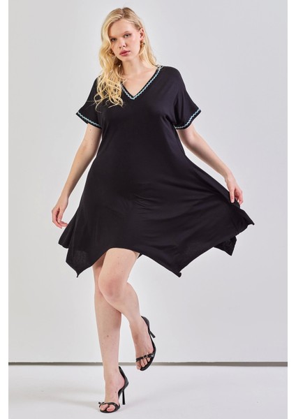Asimetrik Kesim Biyeli V Yaka Elbise Siyah indirimleri