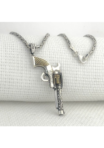 925 Ayar Gümüş 6 Patlar Tabanca Kral Zincir Erkek Kolye
