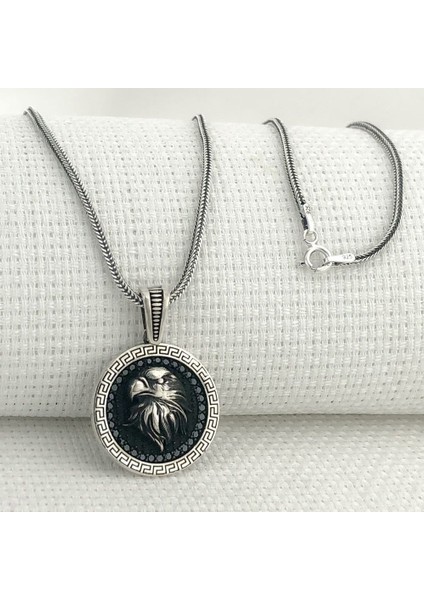 925 Ayar Gümüş Siyah Zirkon Taşlı Kartal Figürlü Erkek Kolye