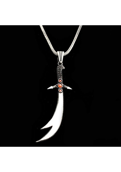 925 Ayar Gümüş Kırmızı Taşlı Zülfikar Model Erkek Kolye fiyatları