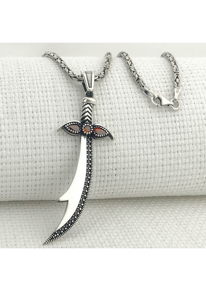 925 Ayar Gümüş Kırmızı Taşlı Zülfikar Model Kral Zincir Erkek Kolye