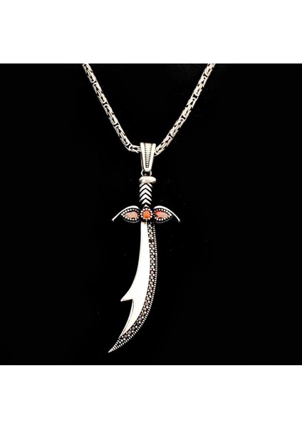 925 Ayar Gümüş Kırmızı Taşlı Zülfikar Model Kral Zincir Erkek Kolye fiyatları