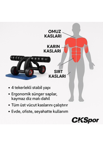 4 Tekerlekli Mekik Aleti Ab Wheel Diz Matı Hediyeli Karın Egzersiz Aleti CKS452 fırsatları