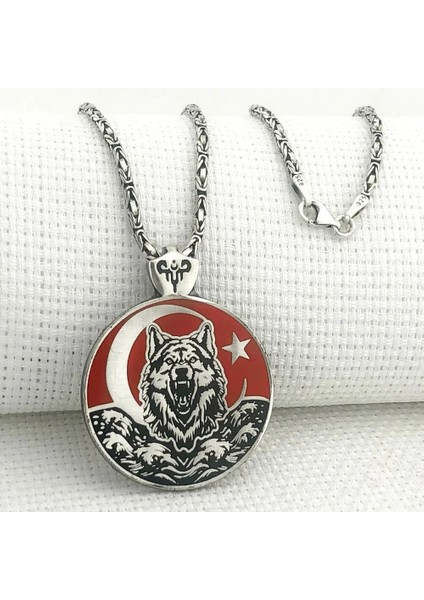 925 Ayar Gümüş Ayyıldız Figürlü Bozkurt Model Kral Zincir Erkek Kolye