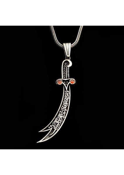 925 Ayar Gümüş Kırmızı Taşlı La Feta Illa Ali La Seyfe Illa Yazılı Zülfikar Erkek Kolye fiyatları