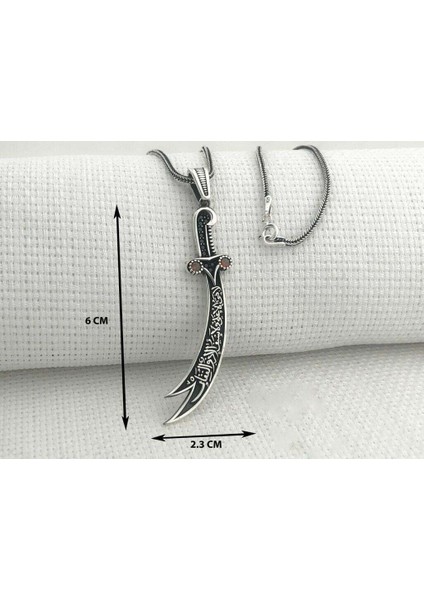 925 Ayar Gümüş Kırmızı Taşlı La Feta Illa Ali La Seyfe Illa Yazılı Zülfikar Erkek Kolye modelleri