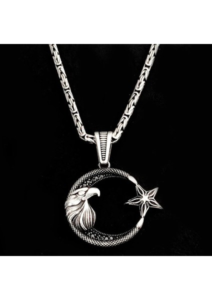 925 Ayar Gümüş Kartal Başlı Ayyıldız Model Kral Zincir Erkek Kolye fiyatları