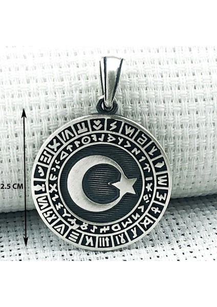 925 Ayar Gümüş Göktürk Alfabesi Yazılı Ayyıldız Işlemeli Kolye Ucu modelleri