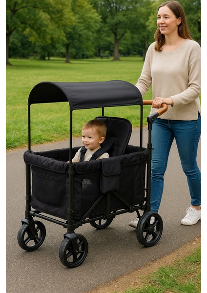 Güneş Tenteli Vagon Taşıma Arabası Siyah