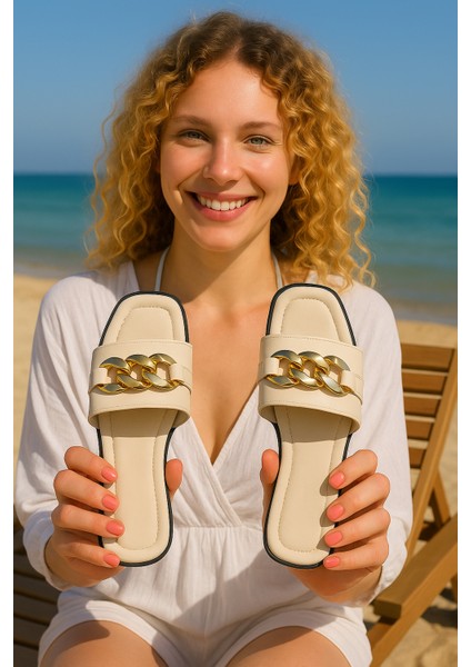 Prenses Paris Zincir Kadın Terlik Dış Mekan Ev Terliği