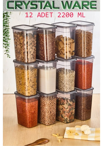 12'li Dikdörtgen Saklama Kabı Seti, 2,2 Lt, Antrasit Renk, Pratik ve Şık Kullanım.