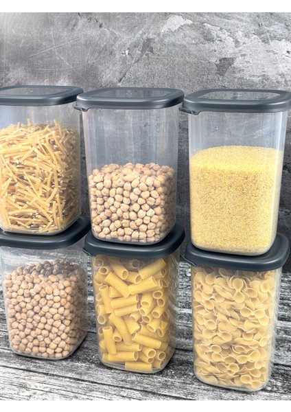 6 Lı Plastik Vakum Kapaklı Saklama Kabı Erzak Bakliyat Kavanoz Peggy Set 1.2 Litre Kare