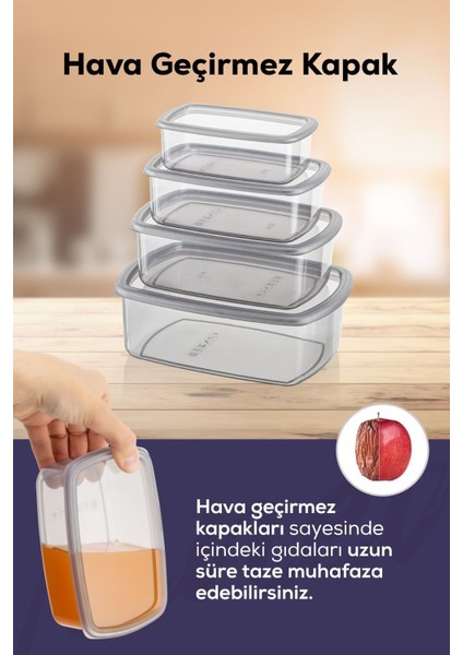 4'lü Hava Geçirmez Saklama Kabı Seti Antrasit 250-1200 ml indirimleri