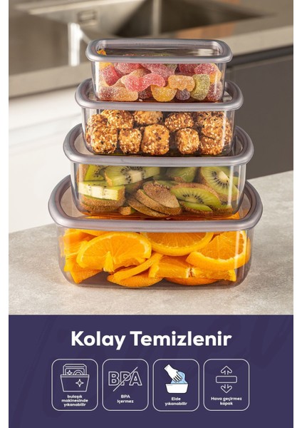 4'lü Hava Geçirmez Saklama Kabı Seti Antrasit 250-1200 ml